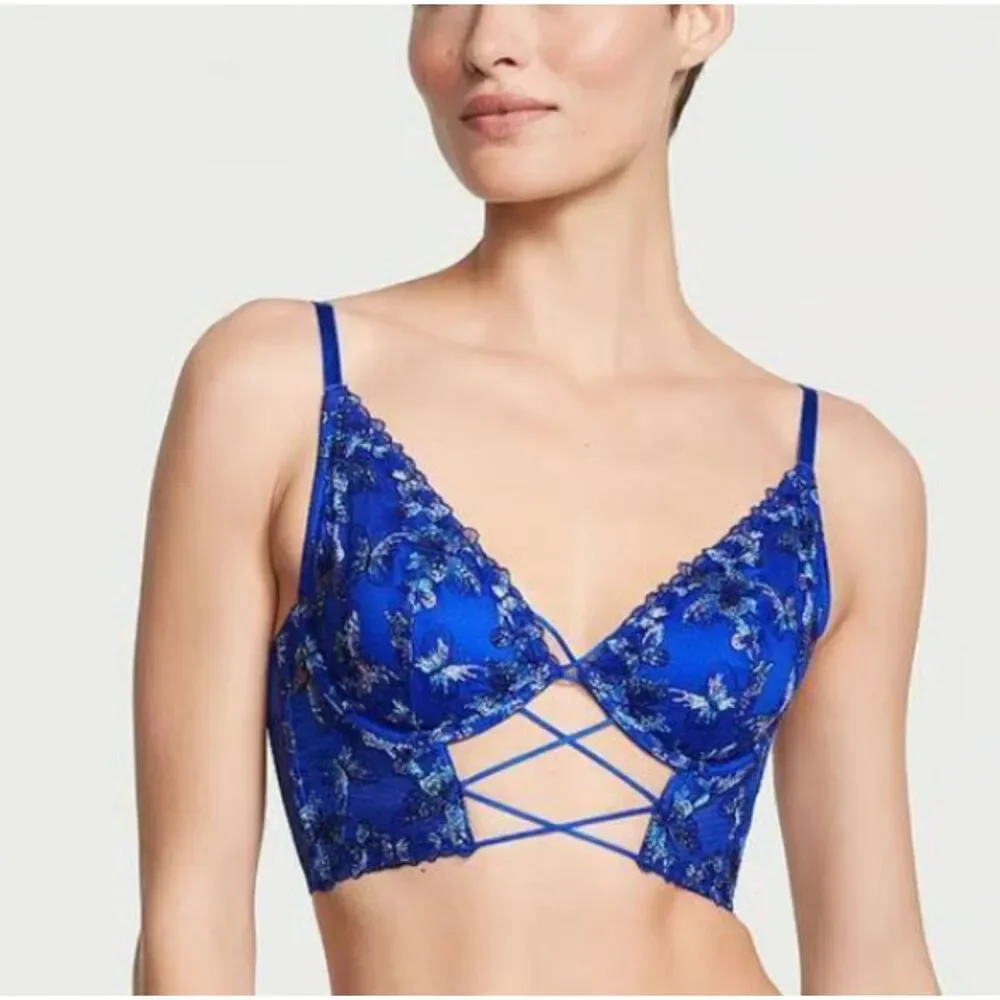 Victoria’s Secret MEDIUM blue butterfly longlined bra set matching panties